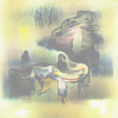 abstract image on paper texture with vague tree forms in the upper center and a shadowy figure on the left, facing right