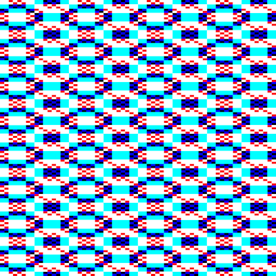 a geometric pattern with white, light blue and dark blue rectangles, and small red rectangles in diamond formations