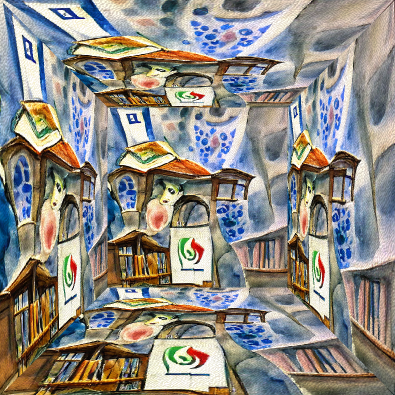 a very abstract rendition of shelves of books