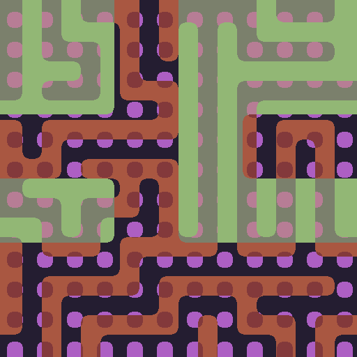 An abstract pattern primarily in orange, green, and purple: a grid of dots over rounded maze patterns