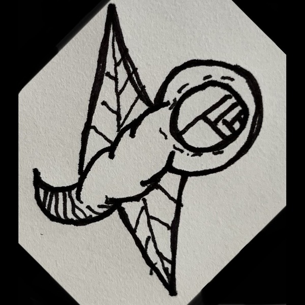 The Angel of Illusory Being A rough drawing of a creature with a wormlike body, leaflike wings, and a recursively abstract head
