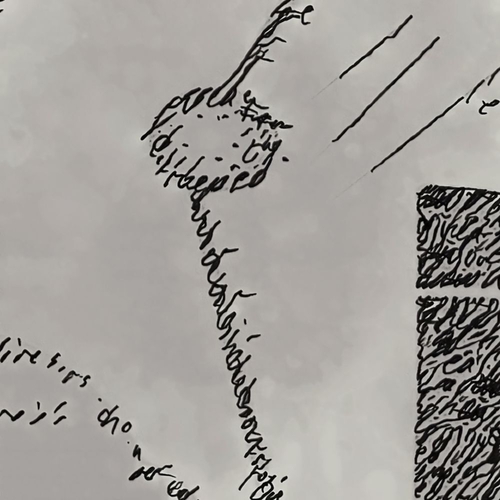 An abstract image with lines made of squiggles that look somewhat like handwriting. The background is mottled gray. On the lower left, some squiggles that, if this were a representational picture, might represent a little hill. About 1/4 of the way down and just left of center is an oval with a few dots inside. Two lines lead off this oval to the edges of the image area, one going up and to the right, the other down and to the right. In about the middle of the upper right quadrant of the picture are three roughly straight, roughly parallel lines at about a 45 degree angle. On the right side of the picture are two rectangular blocks, a taller one on bottom and, with a slight gap between, a shorter one on top. The blocks are filled in with squiggles.