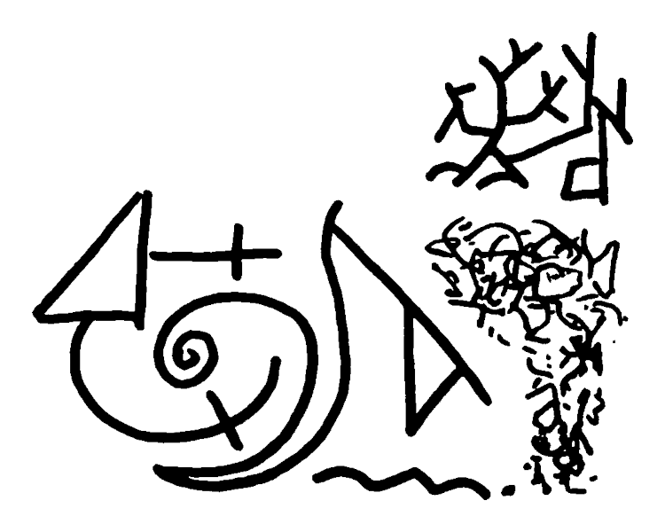 An abstract black and white doodle with spirals and branching lines and scribbles and triangles