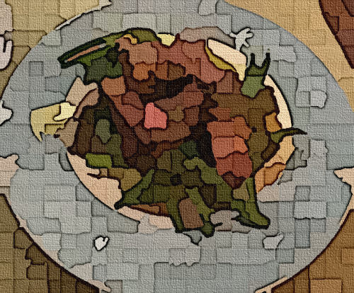 An abstract image developed from a photo of food on a plate on a placemat on a table
