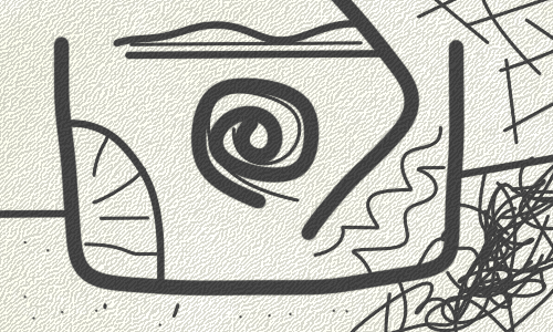 An abstract black and white doodle which, in a large sense, may show a spiral suggestion of an eye and perhaps an angle of a nose of an entity in a simplified rectangular container, amid scribbles and crossing lines and other shapes