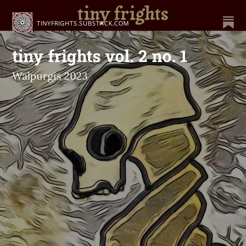 Front cover for tiny frights v2 n1, showing a stylized skeleton against an abstract background